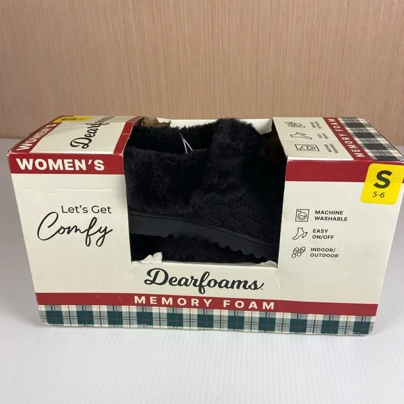 Dearfoams Memory Foam Slippers Black Faux Fur Knit Women’s 5-6 NIB - Picture 2 of 9